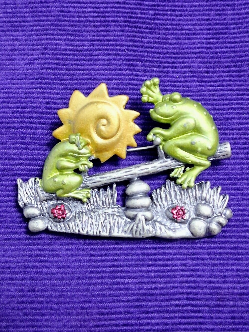 Vintage Brooch DD Darling Dash Seesaw Frogs Sun Joyful Toads Signed